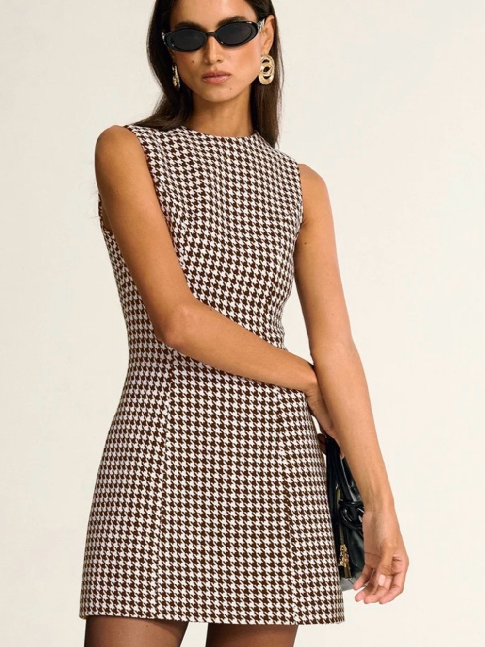 Commense Houndstooth Sleeveless Mini Dress Burgundy White Size M NWT